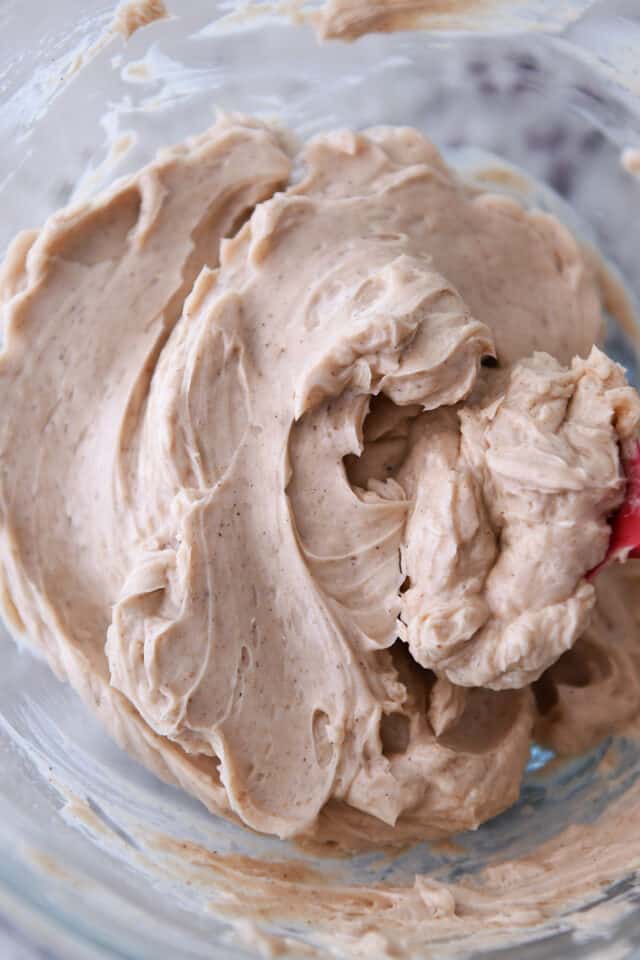 Cinnamon honey butter mixed in glass bowl.