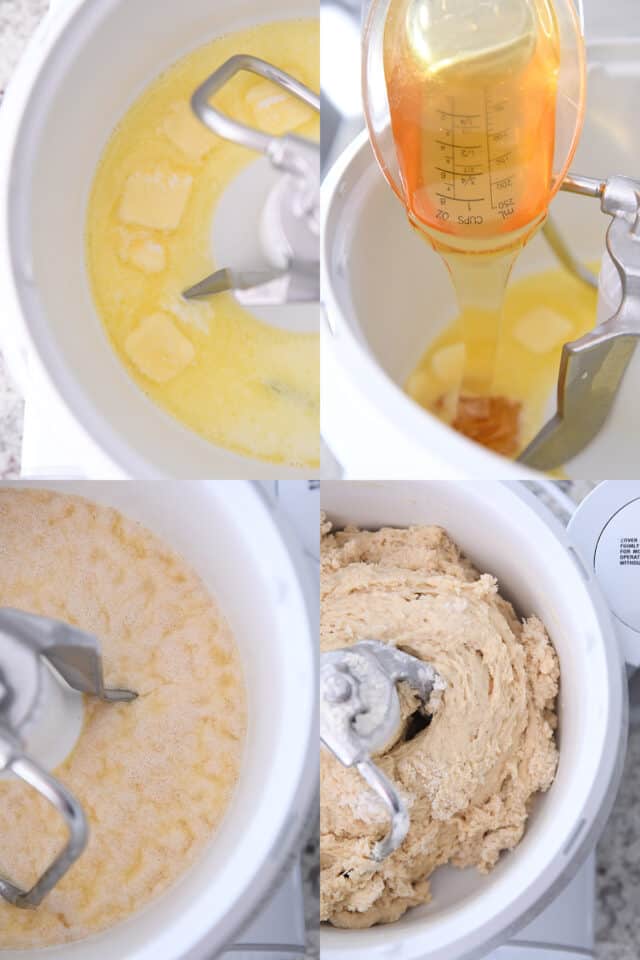 Butter melting in mixer; honey getting poured into mixer; yeast proofing in mixer; dough mixing in mixer.