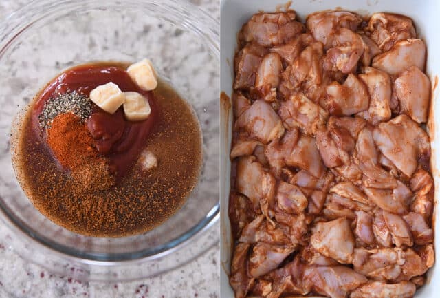 Glass bowl with garlic, ketchup, paprika, pepper and chili powder; white dish with raw chicken pieces in BBQ marinade.