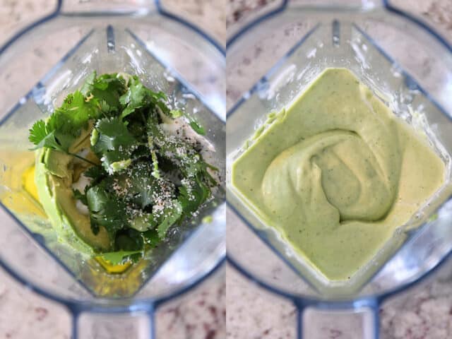 Blender with avocado, oil, cilantro and seasonings; blender with smooth green avocado dressing.