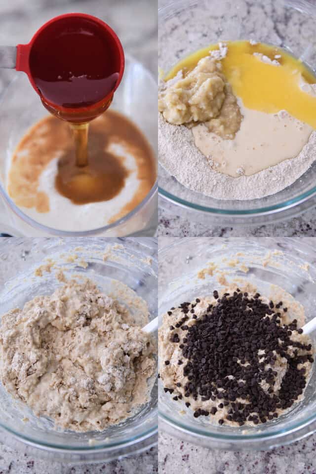 Making muffin batter in glass bowl with honey, mashed bananas, mixing the batter, adding chocolate chips.