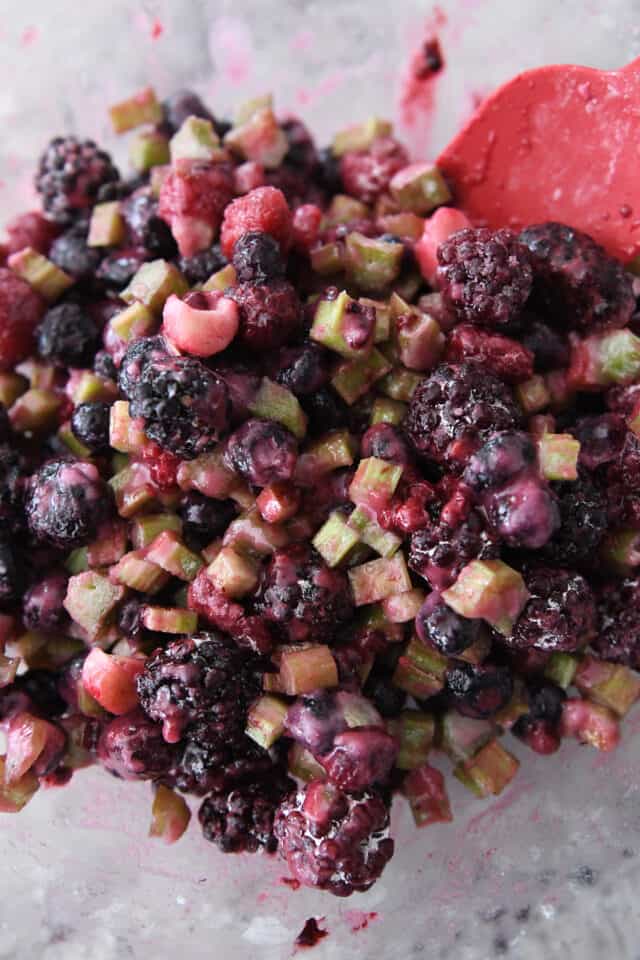 Rhubarb and triple berry blend in glass bowl.