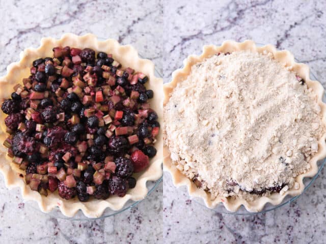 Unbaked pie crust with berry rhubarb pie filling; streusel topping on top of berry filling.