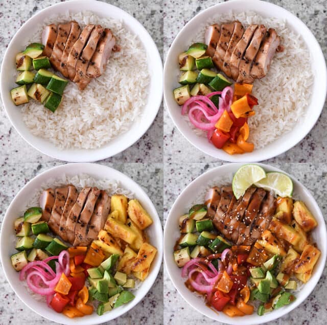 Assembling Hawaiian chicken and veggie teriyaki bowls with white rice in white bowl.