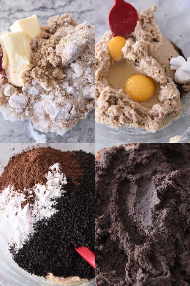 Assembling cookie dough with butter, eggs, sugar, flour, cocoa powder, and oreo cookie crumbs.