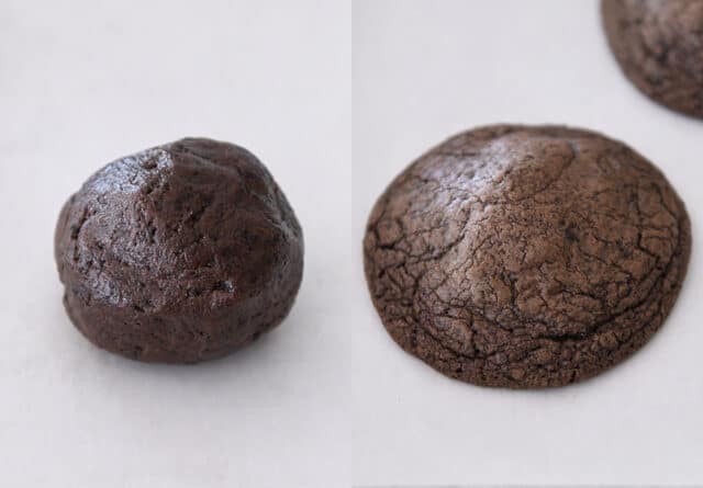 Cookie dough ball; baked Oreo cookie.