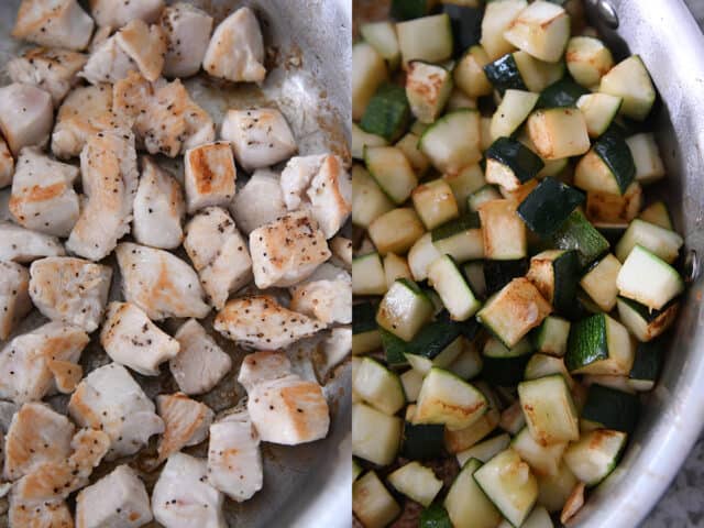 Chicken pieces browning in pan; zucchini browning in pan.