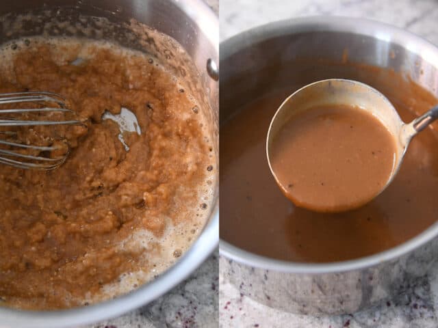 Saucepan with roux; saucepan with gravy and ladle.