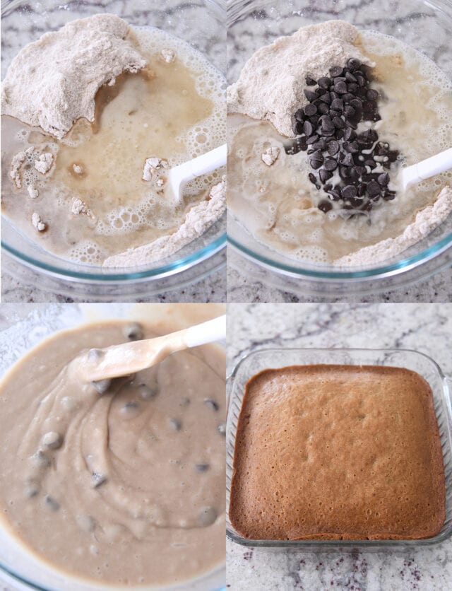 Mixing batter for chocolate chip snack cake with oil, water, flour, vinegar, chocolate chips and a finished photo of the baked cake.