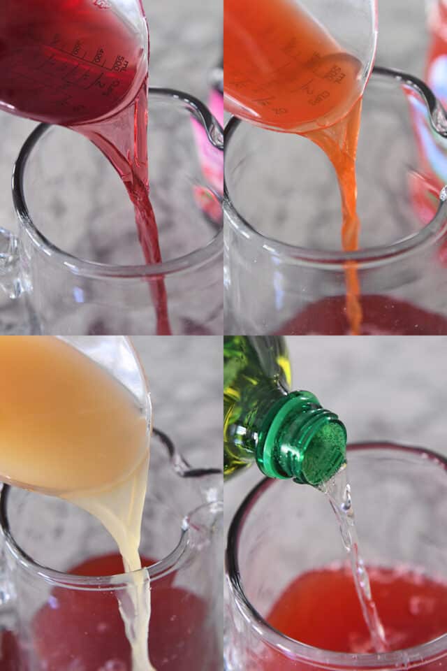Pouring three different varieties of juice in pitcher with ginger ale.