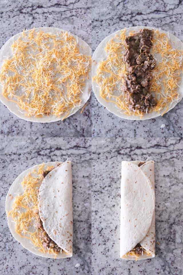 Assembling beef and bean wraps with tortilla, cheese, and filling.