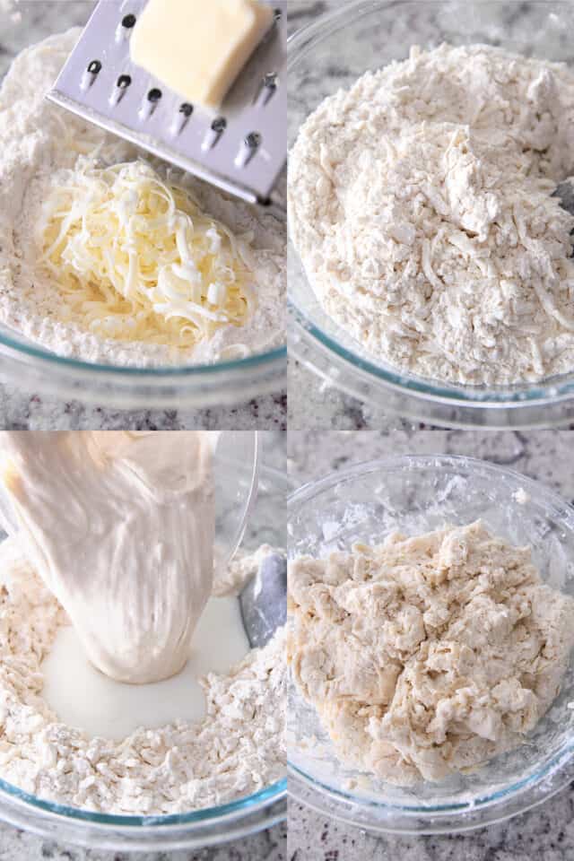 Grating butter into flour; mixing flour and butter; adding sourdough starter and buttermilk; mixed biscuit dough.