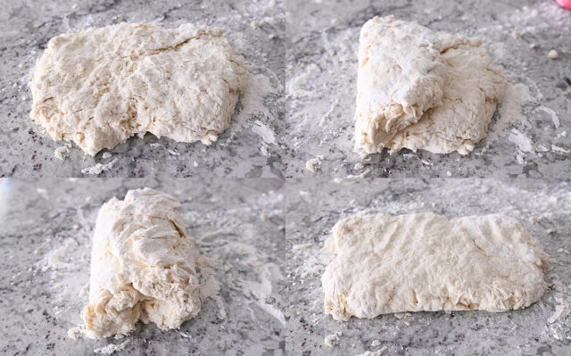 Folding biscuit dough into thirds on floured counter.