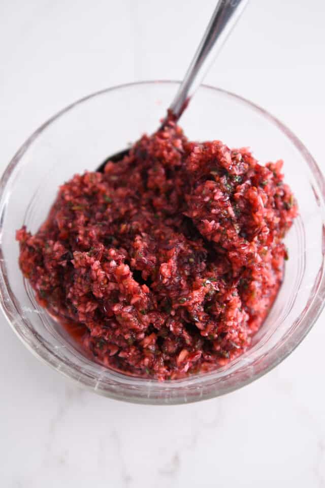 Gl، bowl with fresh cranberry jalapeno relish.
