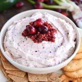 White bowl with creamy cranberry jalapeno dip, fresh cranberry salsa and fresh cranberries.