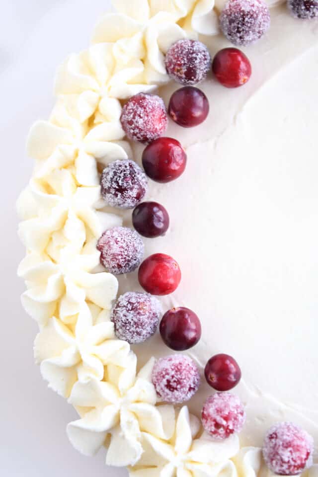 Top down view of cheesecake with sugared cranberries, fresh cranberries and piped whipped cream.