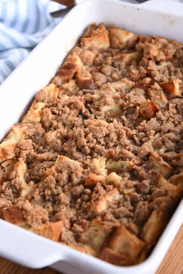 Baked French toast bake in white pan.