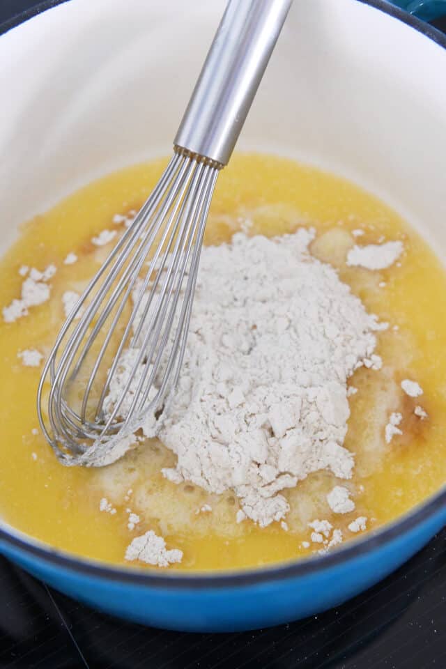 Making roux in large pot with butter and flour.