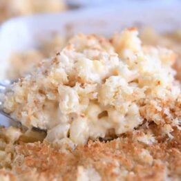 Serving spoon with helping of creamy baked macaroni and cheese.