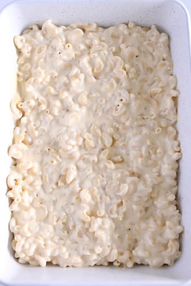 Top down view of assembled macaroni and cheese in white pan.