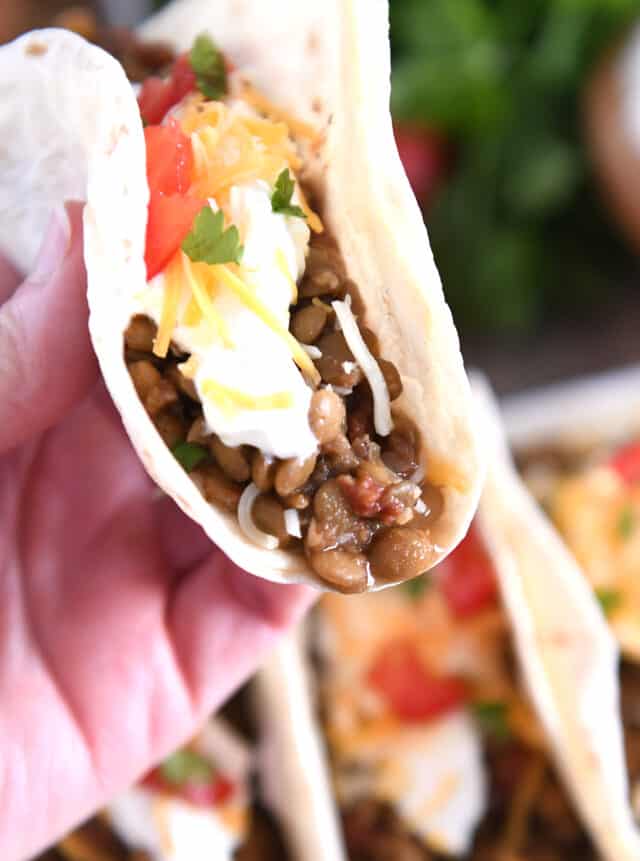 Holding flour tortilla with cooked lentils, sour cream, cheese and tomatoes.