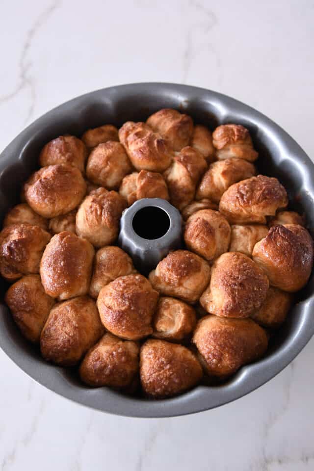 Baked pan of monkey bread in bundt pan.