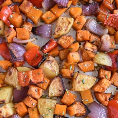 Roasted winter veggies on sheet pan.
