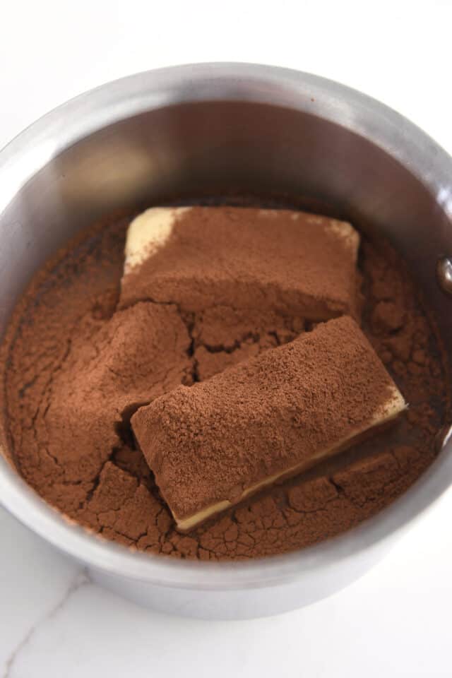 Butter, cocoa powder and water in small saucepan.
