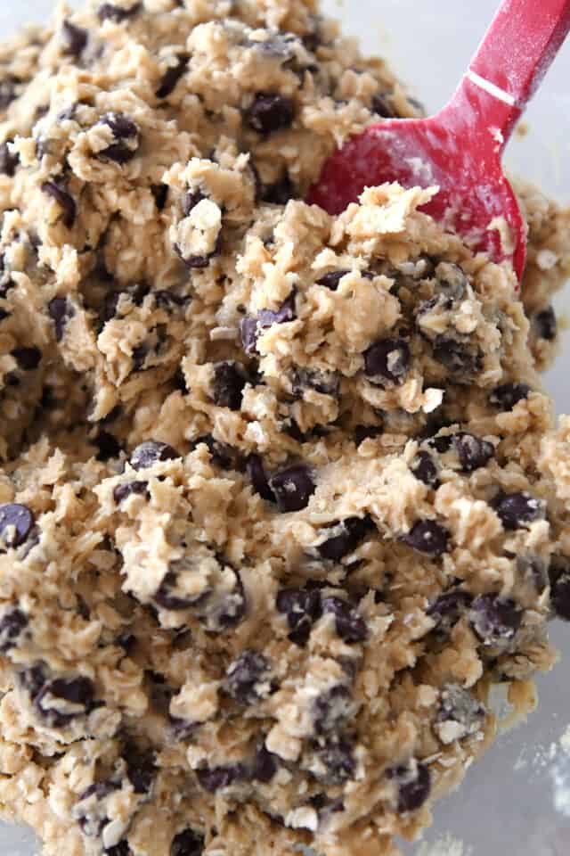 Top down view of oatmeal chocolate chip cookie dough.