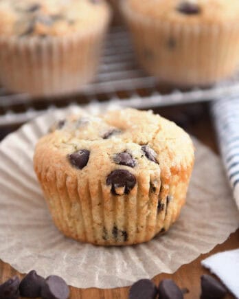 Unwrapped chocolate chip muffin.
