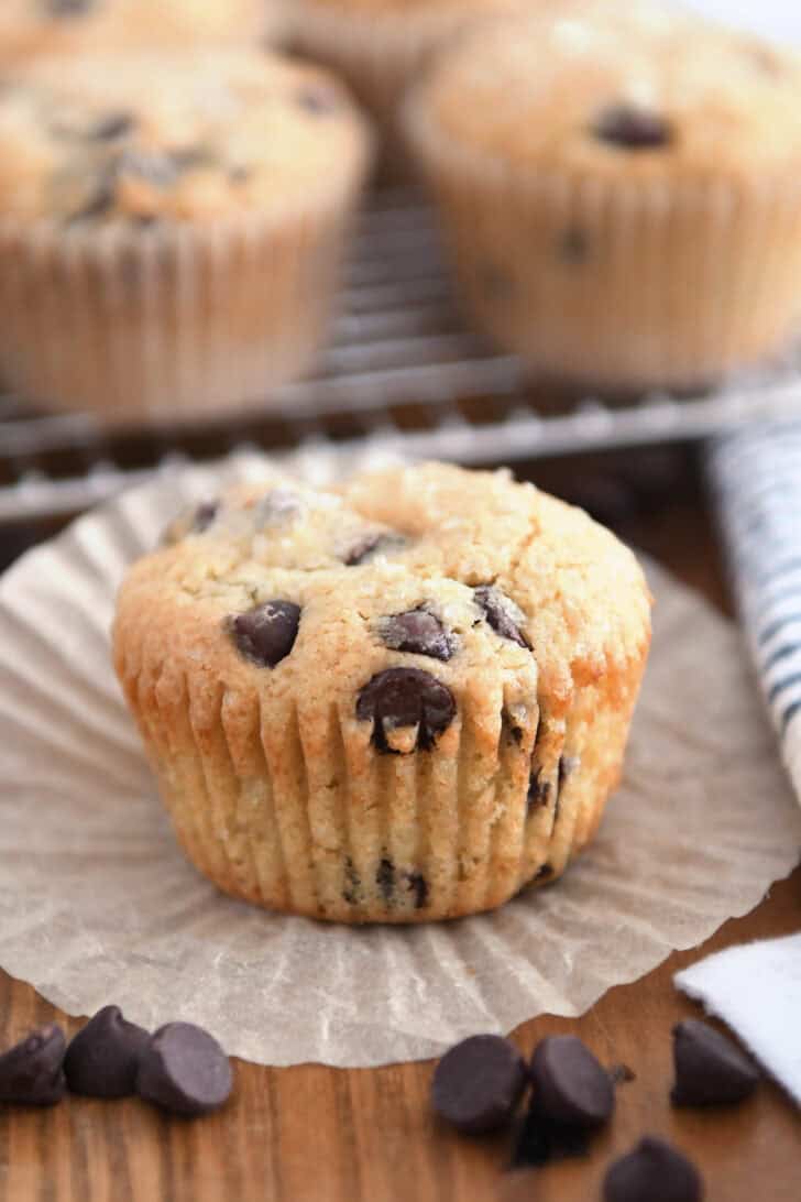 Unwrapped chocolate chip muffin.