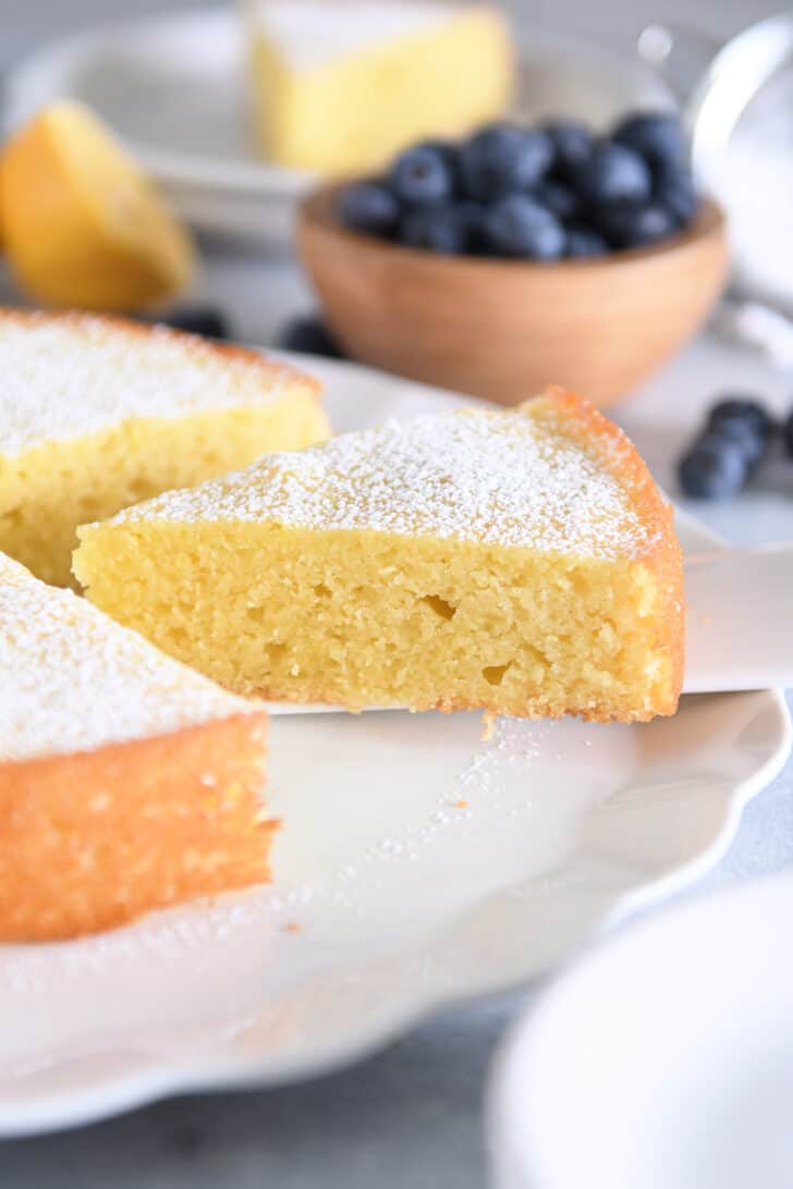 Triangle of olive oil cake on white cake server.