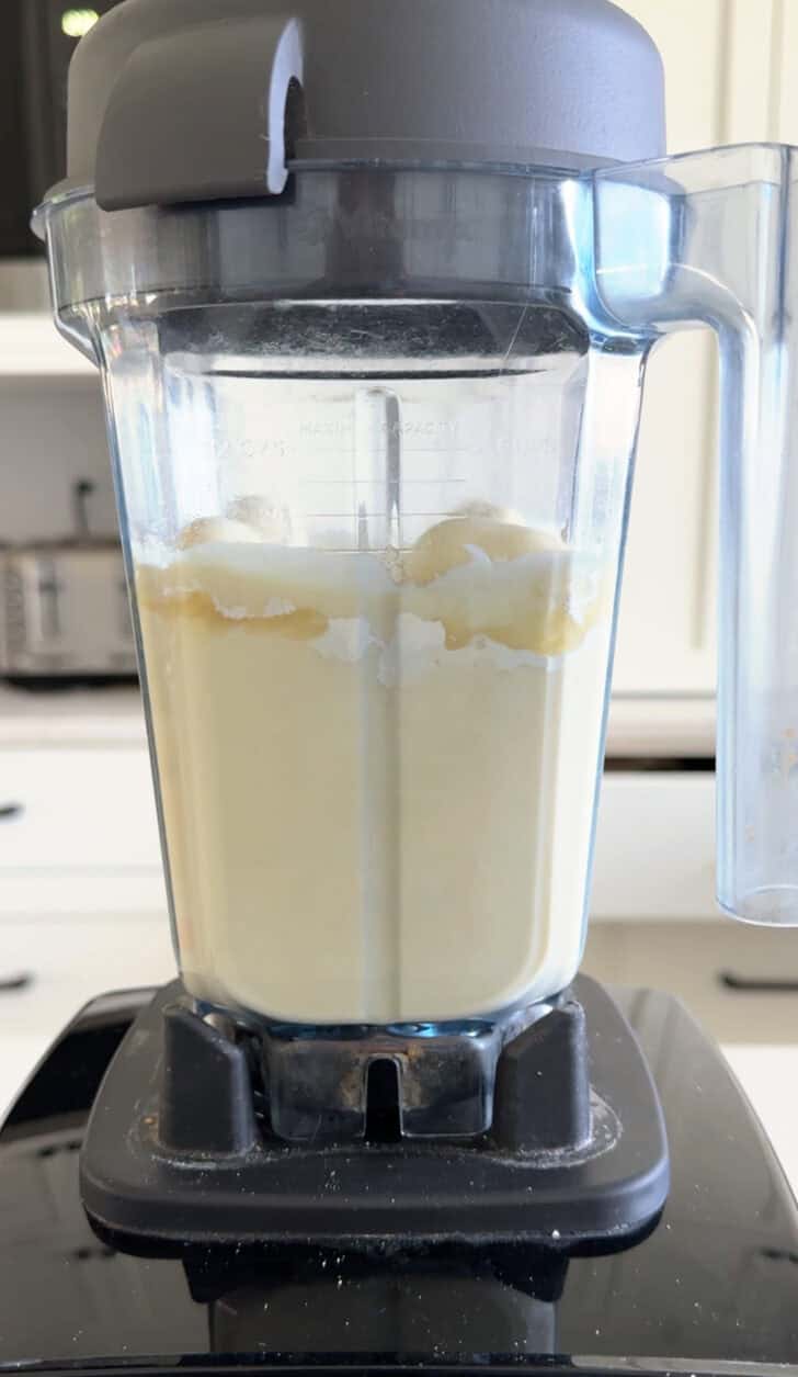 Small blender jar with crepe batter.