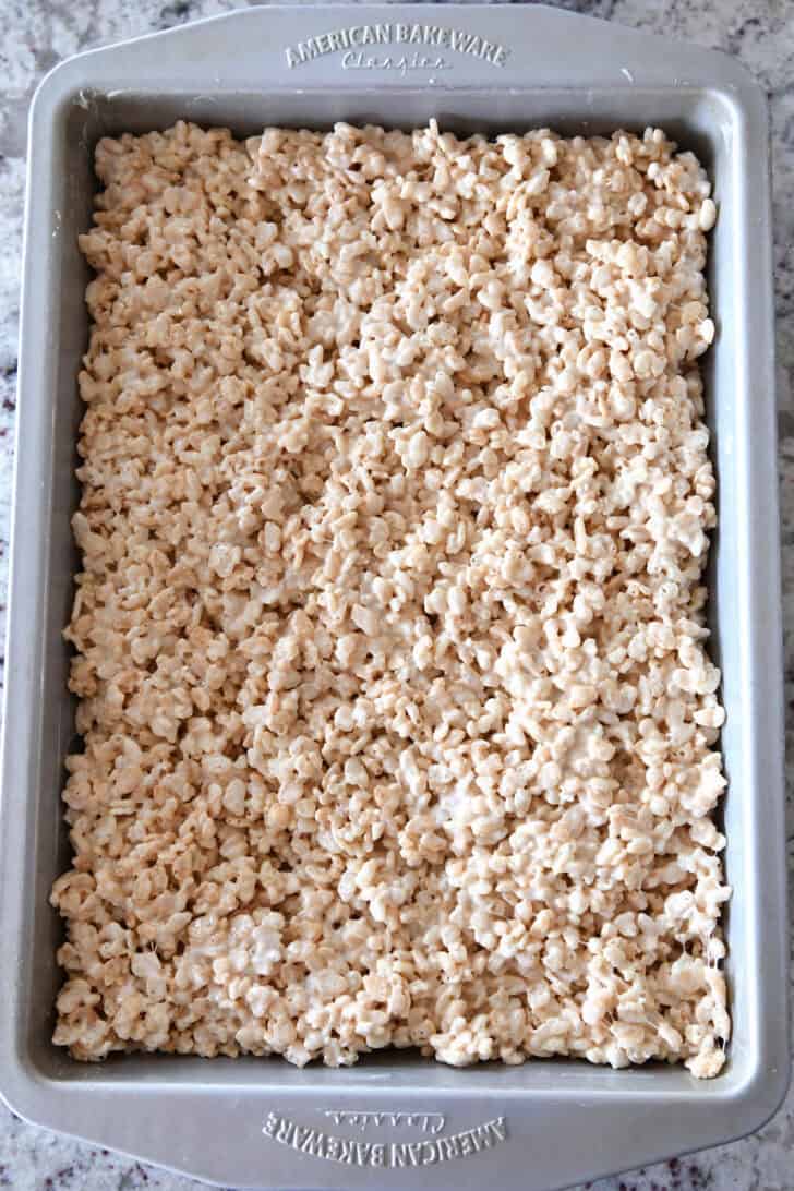 Top down view of a pan of rice krispie treats.