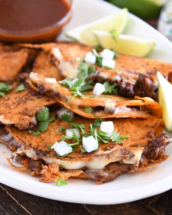 Three corn tortillas filled with beef and melty cheese topped with cilantro and onions on white platter.