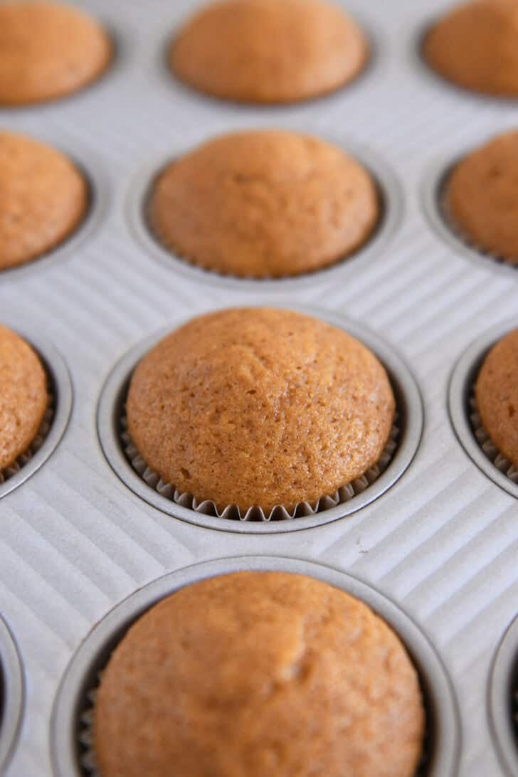 Baked Dumpling Pumpkin Cupcakes in Metal Cupcake Tin Liners.