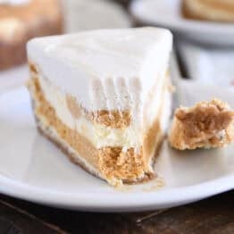 Slice of pumpkin swirl cheesecake with bite removed on white plate.