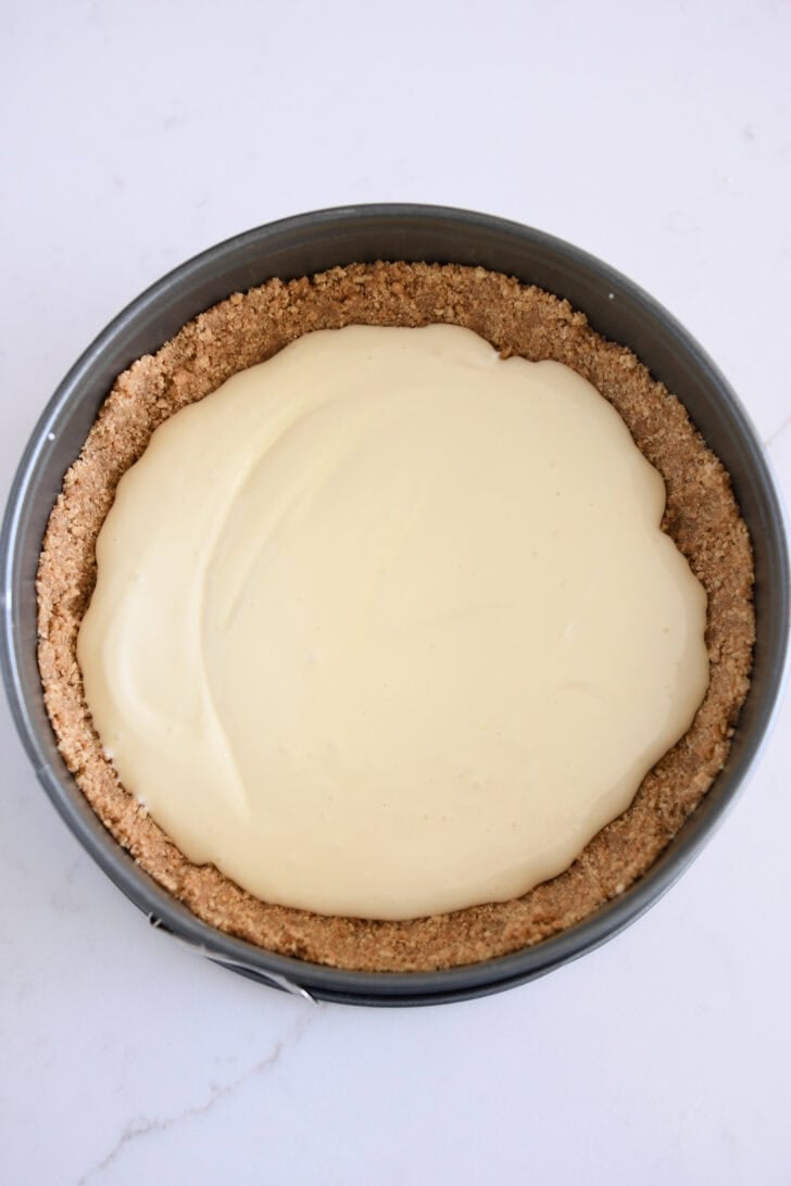 Top down view of 9-inch springform pan, graham cracker crust and one layer of cheesecake batter.