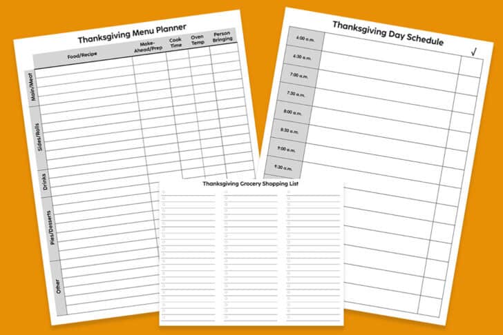 Orange background with white papers printed with Thanksgiving menu planner in black ink.