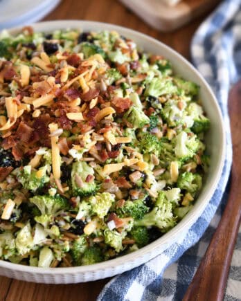 Top down view of a white bowl of chopped broccoli salad with shredded cheese, diced onion, bacon bits, sunflower seeds, and dried cranberries coated in a light sauce.