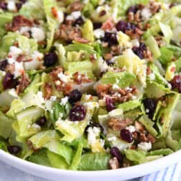 Top down view of a large white bowl full of chopped romaine salad with candied nuts, bacon bits, crumbled cheese, and dried cranberries.