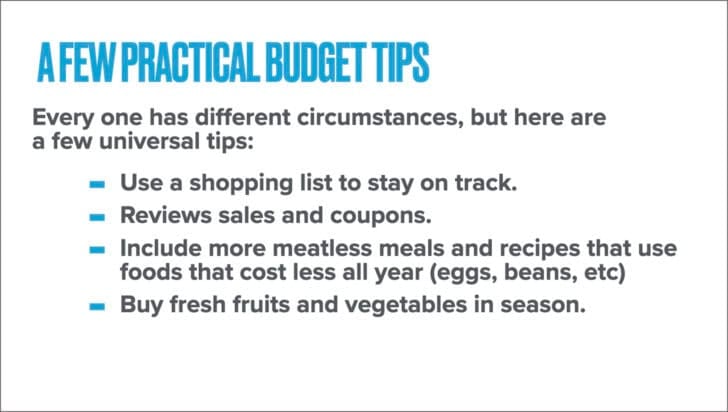 White background with a few practical budget tips.