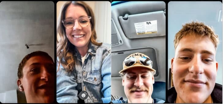 Screenshot of mom and three sons video messaging each other.
