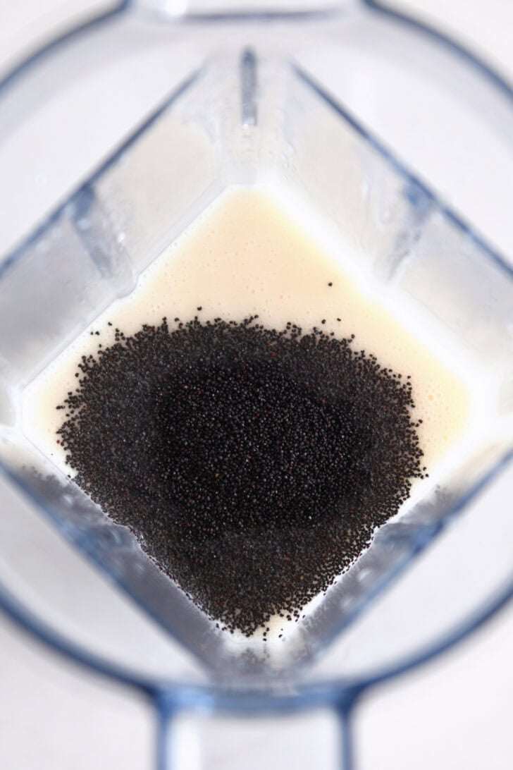 Blender with oil, vinegar and poppy seeds.