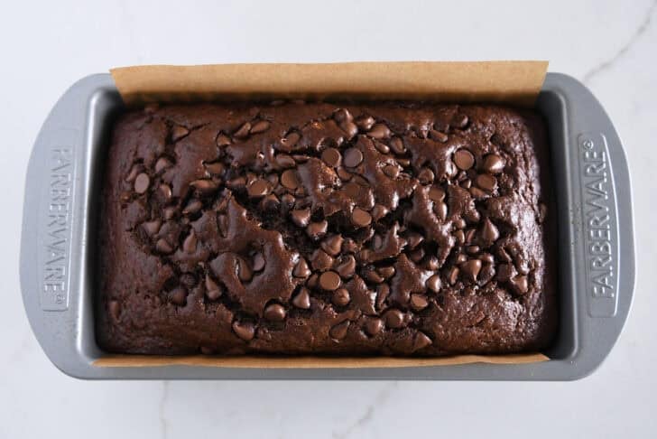 Top down view of a baked chocolate banana bread loaf.