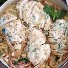 Top down view of sauteed chicken breasts on top of pasta, Parmesan cream sauce, spinach and peppers.