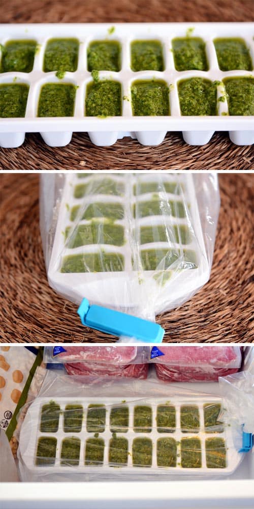 Three pictures showing different views of pesto in an ice cube tray. 
