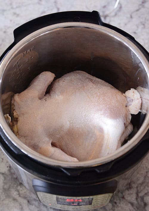 A raw chicken nestled inside an Instant Pot. 