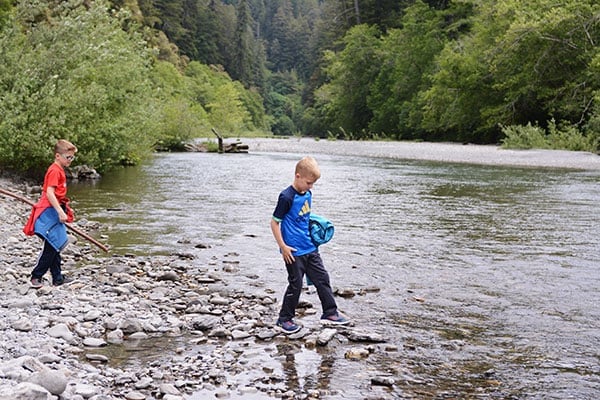 Two little boys playing by a creek.