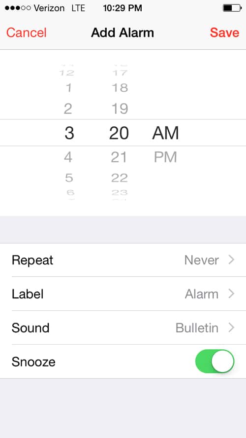 Screenshot of a phone showing a 3:30 am alarm. 